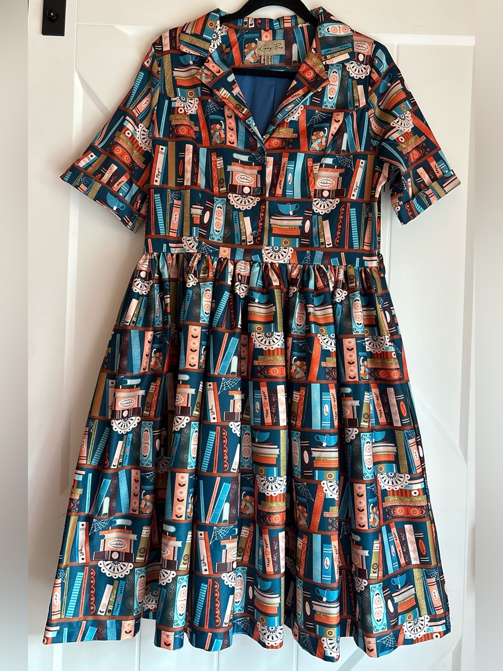 Lindy Bop Bletchley Book Print Dress Turquoise US 12